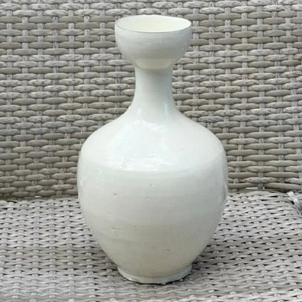 Vintage White Glazed Stoneware Bottle Vase Handmade Asian Style 12